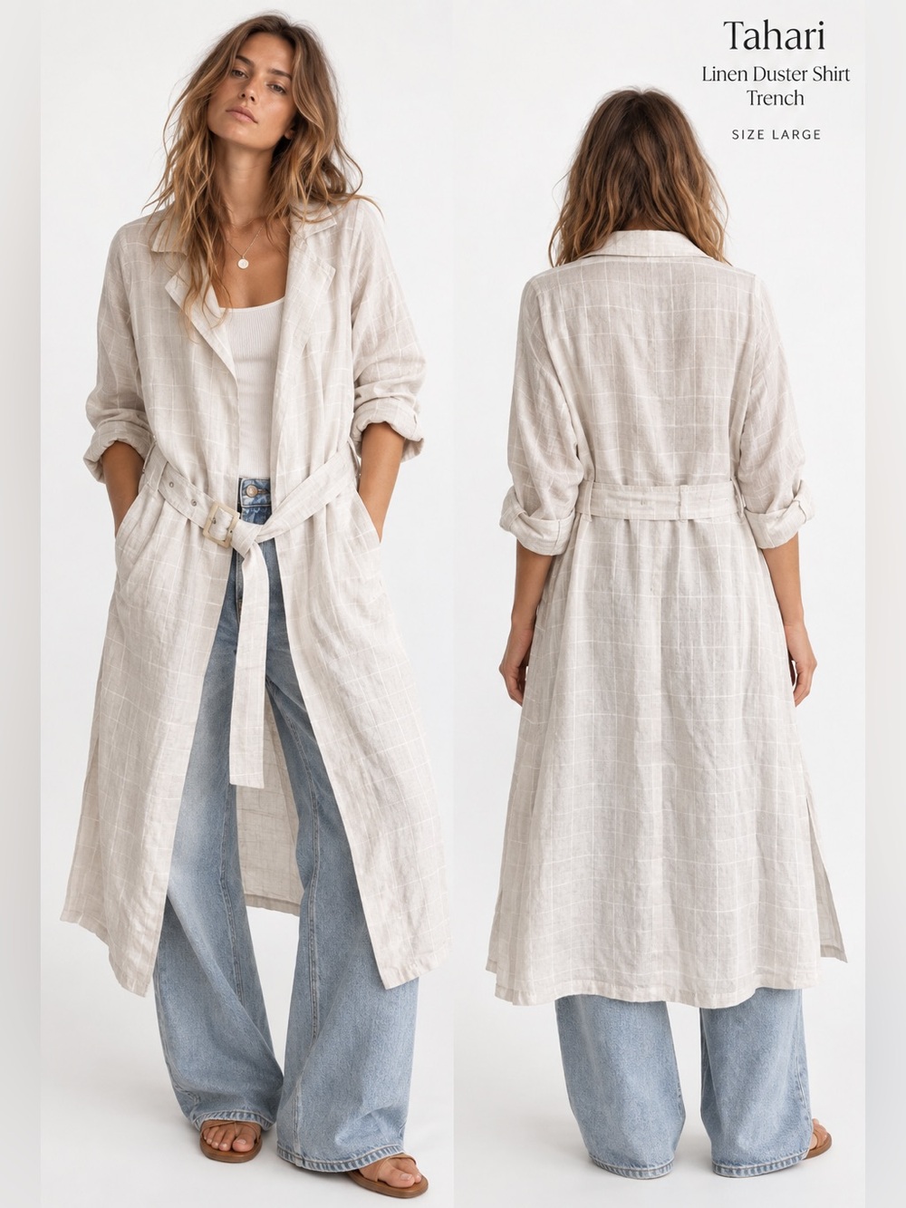 Tahari Linen Duster shirt trench belted plaid collared lagenlook topper cover up